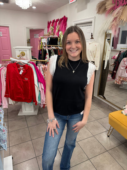 Black Pleated Ruffle Sleeve Top
