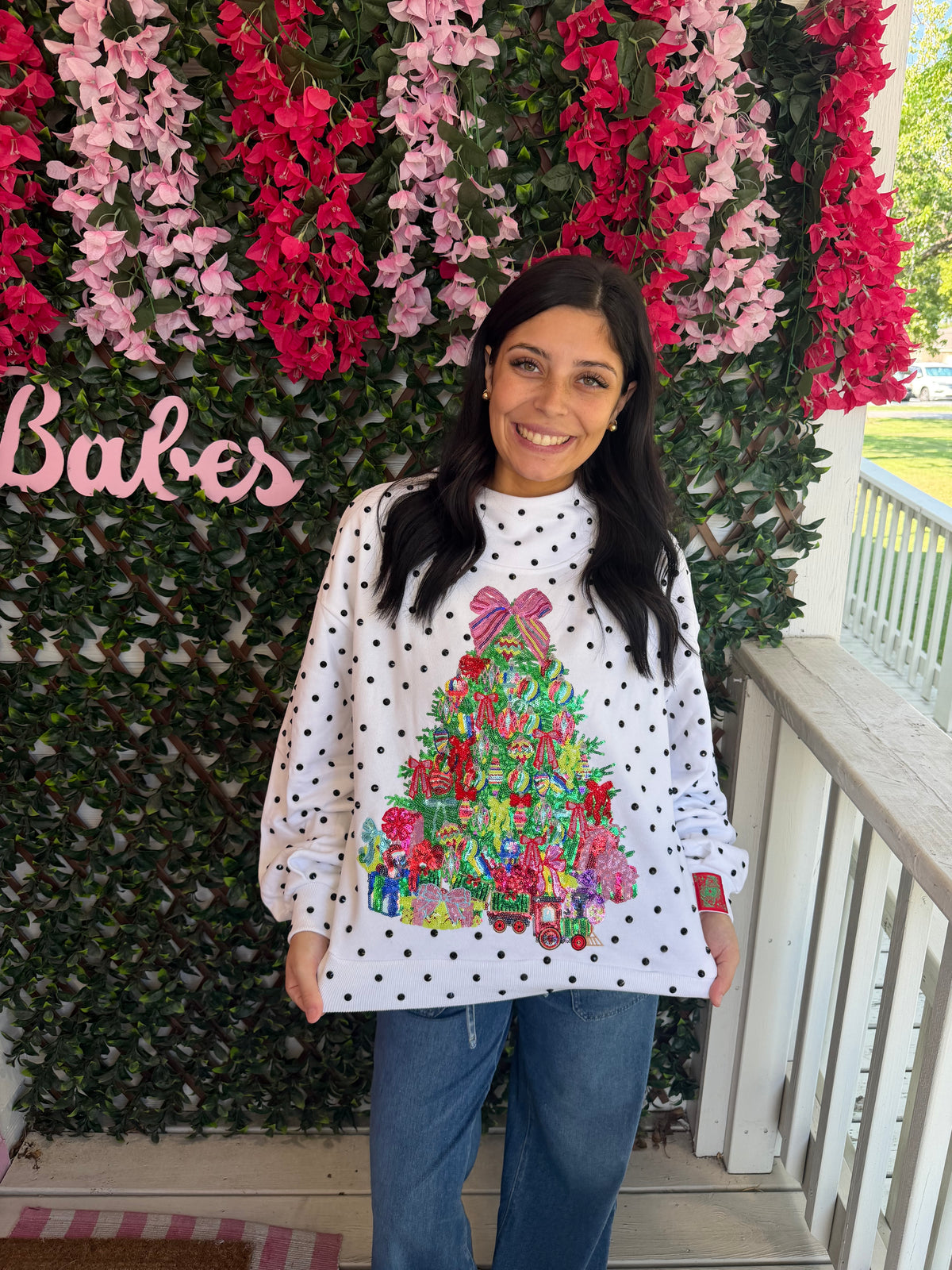 Queen Of Sparkles White & Black Polka Dot Multi Christmas Tree Mockneck Sweatshirt