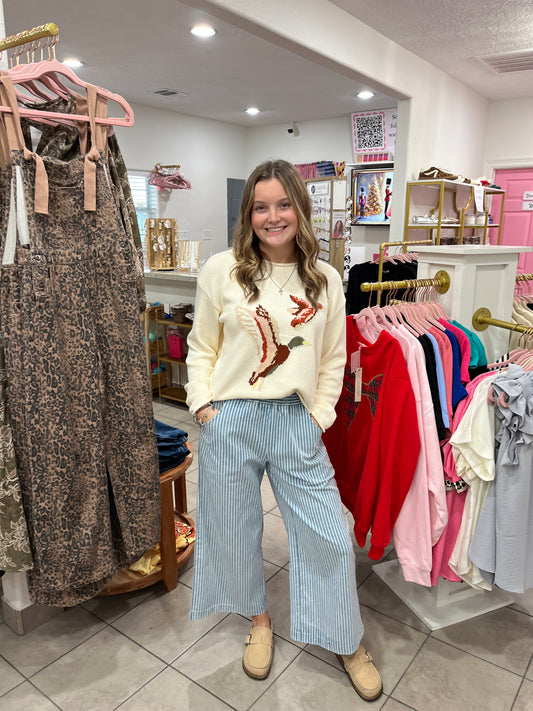 Stone Washed Striped Denim Pants