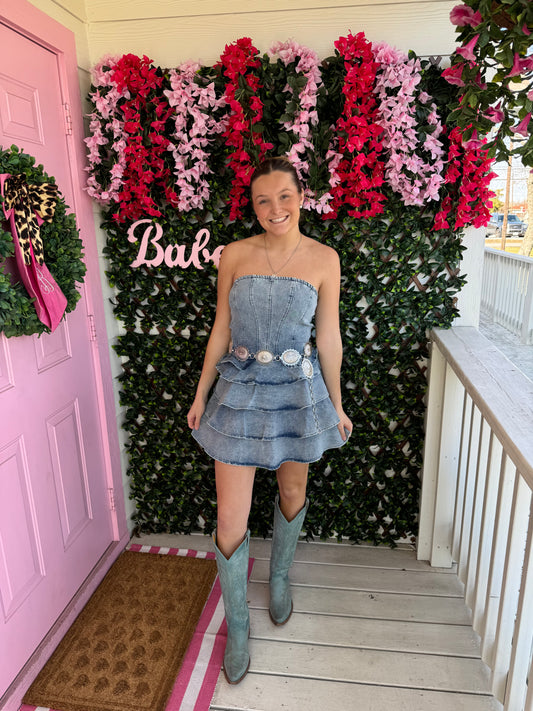 Denim Ruffles Tiered Dress