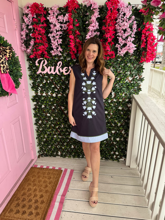 Navy Sleeveless Embroidered Florals Dress