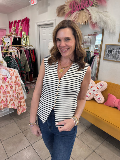 Navy Striped Gold Button Vest Top