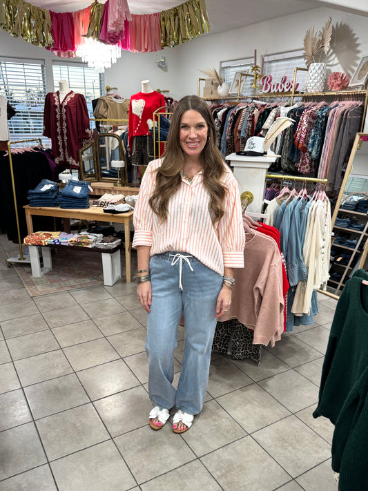 Bubblegum Striped Seersucker Button Up Top