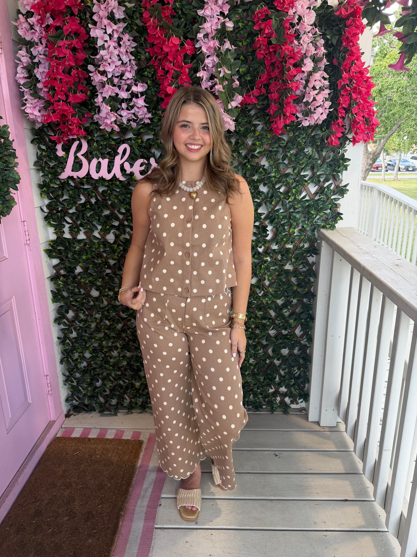 Polka Dot Denim Scallop Pants