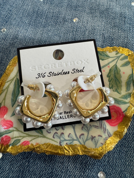 Gold & Pearl Square Hoops