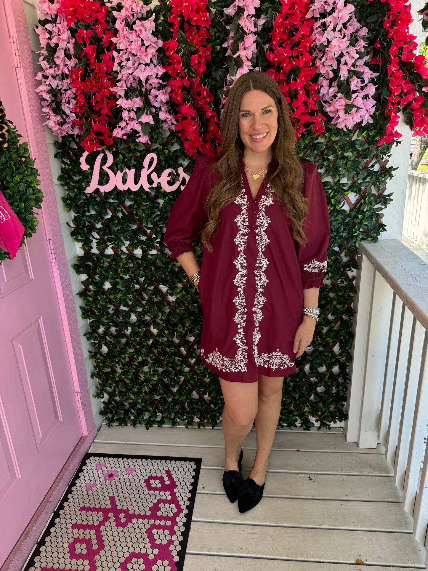Embroidered Wine Dress