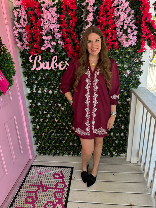 Embroidered Wine Dress