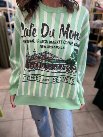 Queen Of Sparkles Mint & White Stripes Cafe Du Monde Sweater