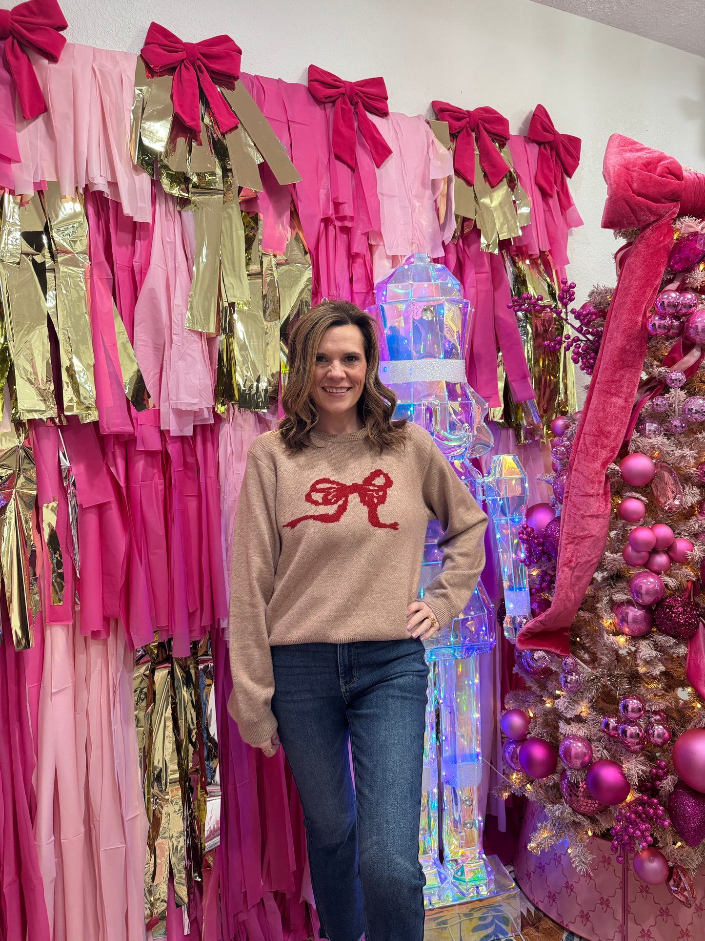 Oatmeal Red Bow Sweater