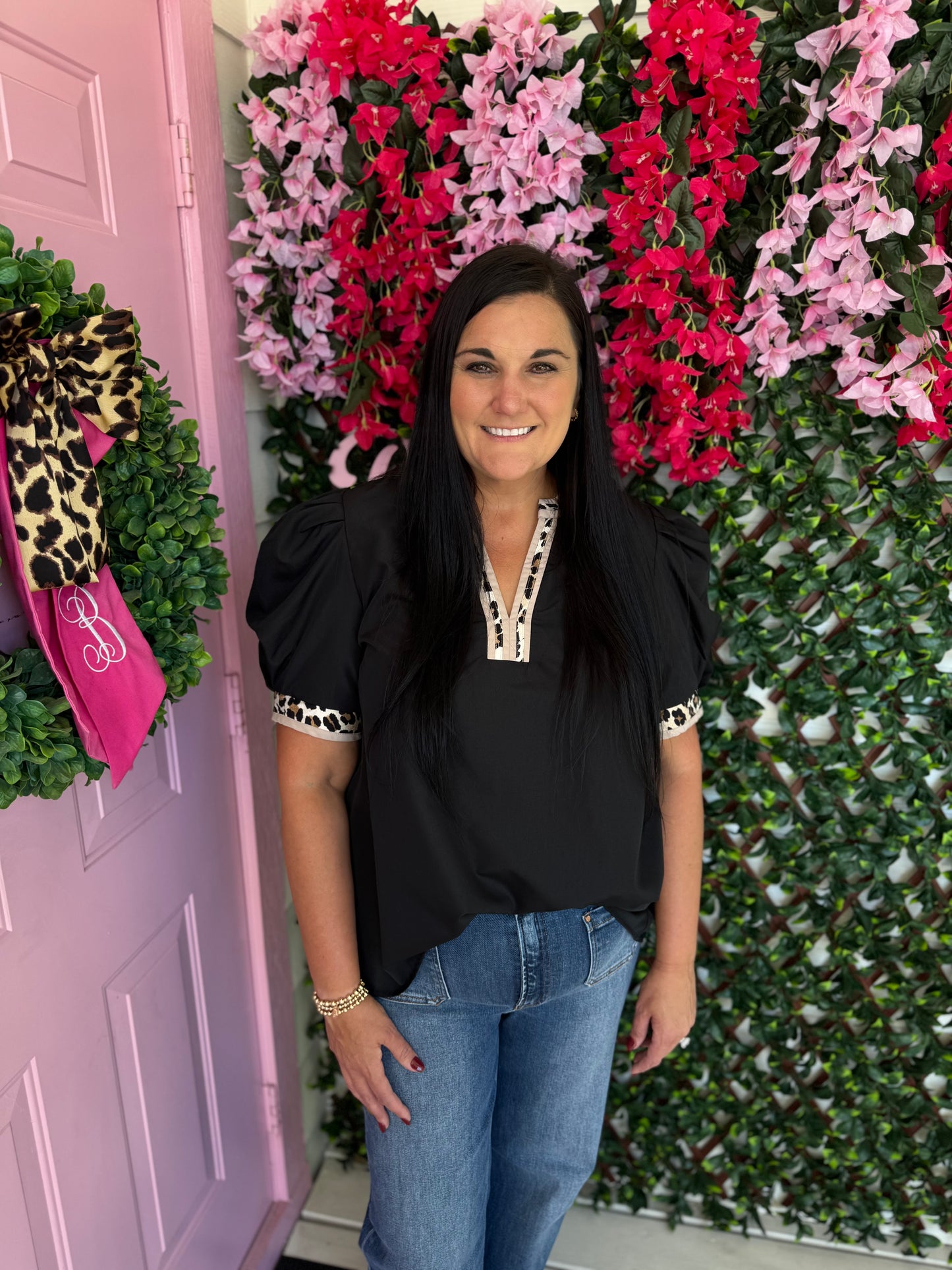 Black Leopard Trim Top- Plus