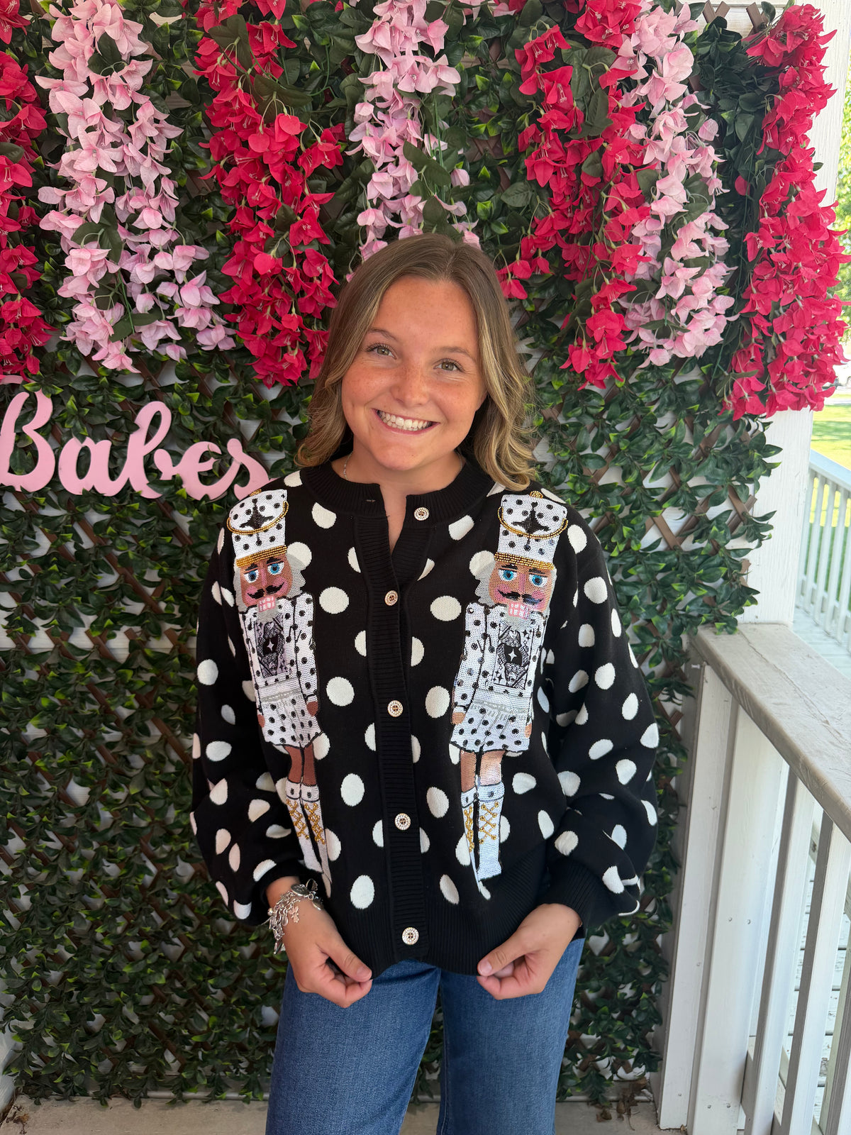 Queen Of Sparkles Black & White Polka Dot Nutcracker Button Up Cardigan