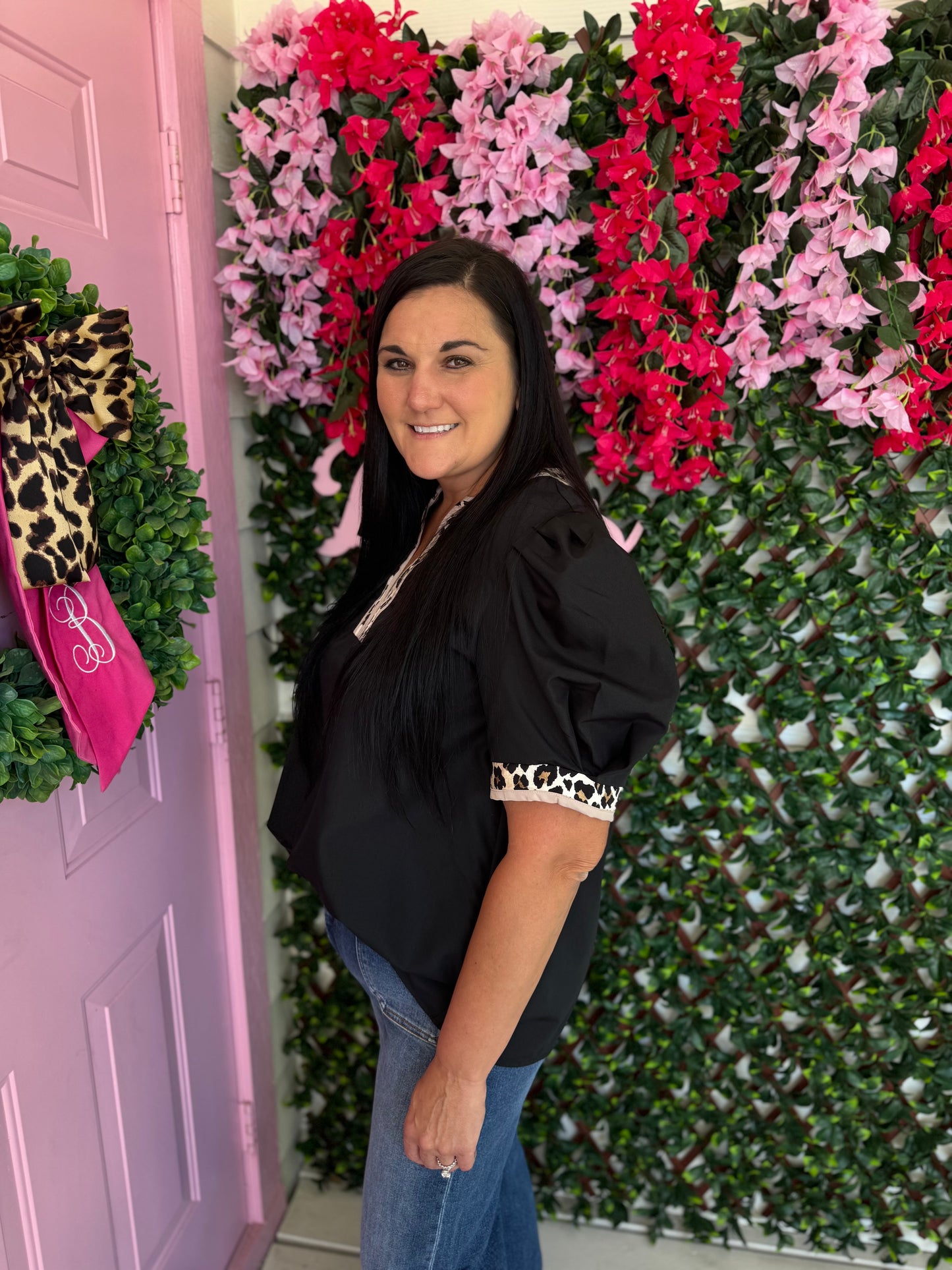 Black Leopard Trim Top- Plus