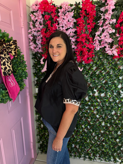 Black Leopard Trim Top- Plus