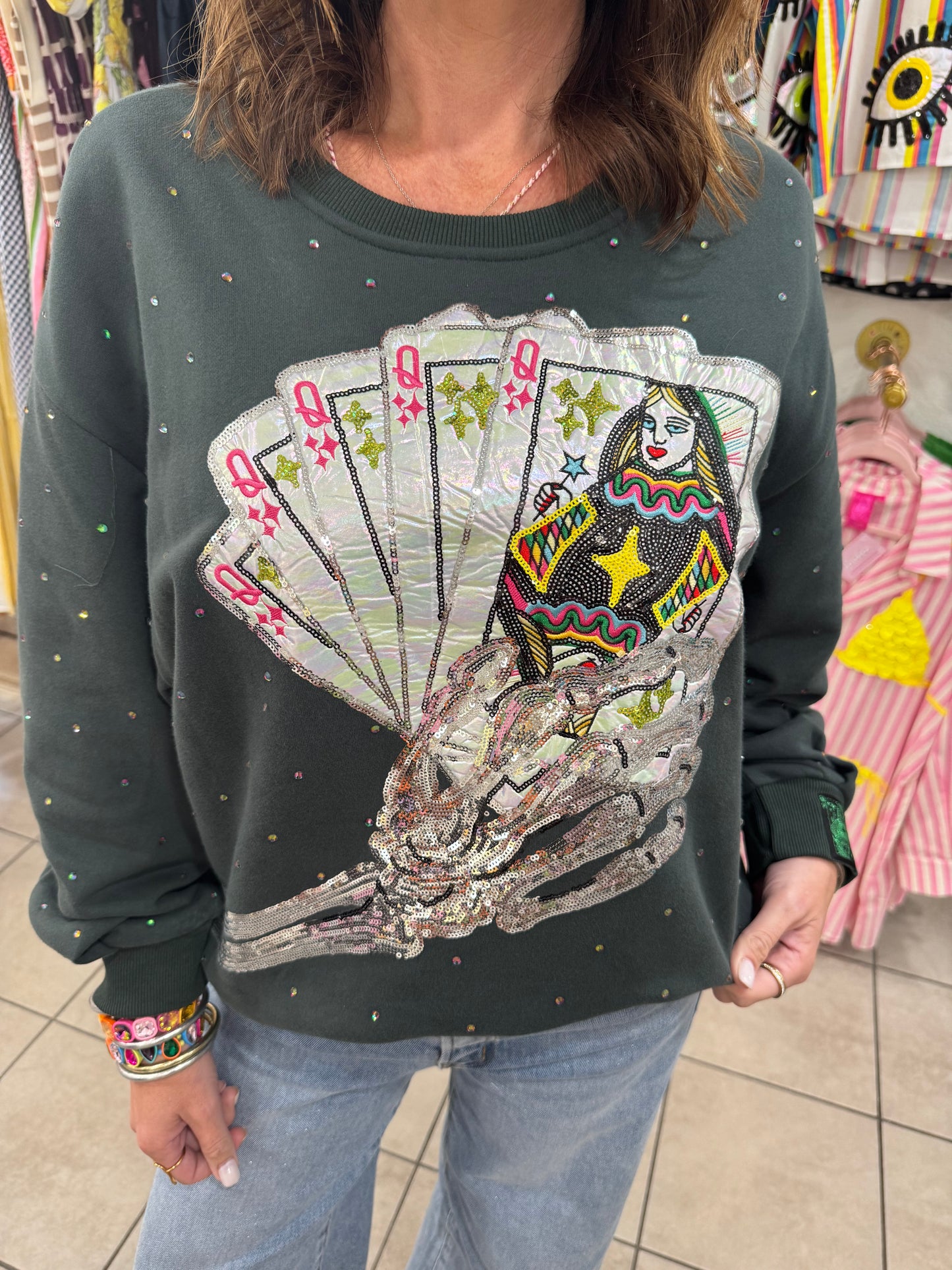 Queen of Sparkles Charcoal Skeleton Holding Queen Cards Rhinestone Sweatshirt
