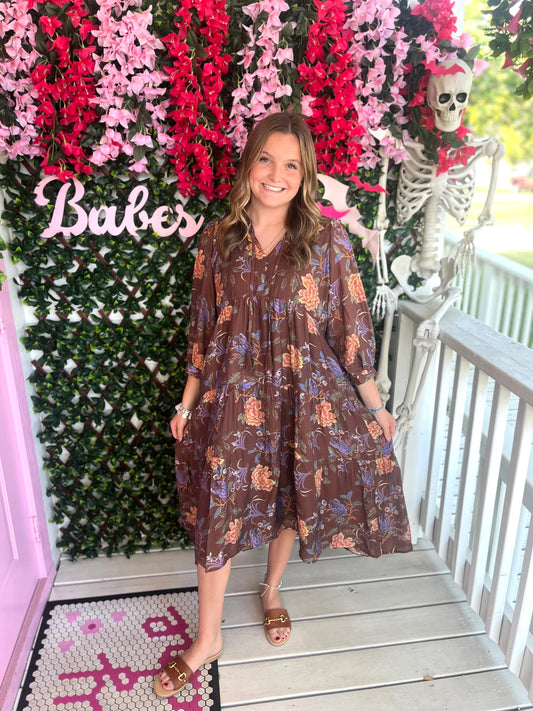 Brown Mix Floral Midi Dress
