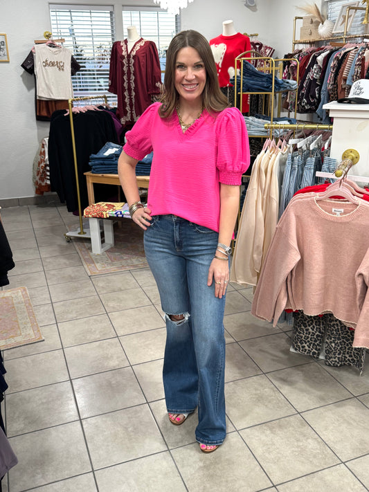 Hot Pink Ruffle V-Neck Top