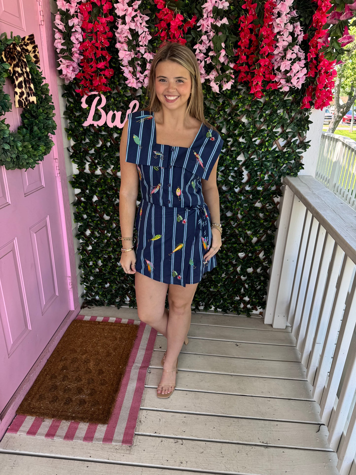 Queen Of Sparkles Navy Striped Fishing Lure Romper