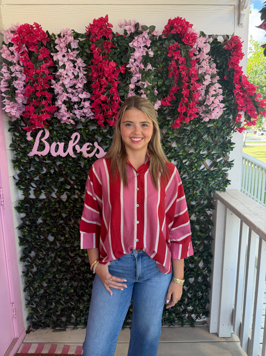 Rusty Pink Stripes Button Down Top