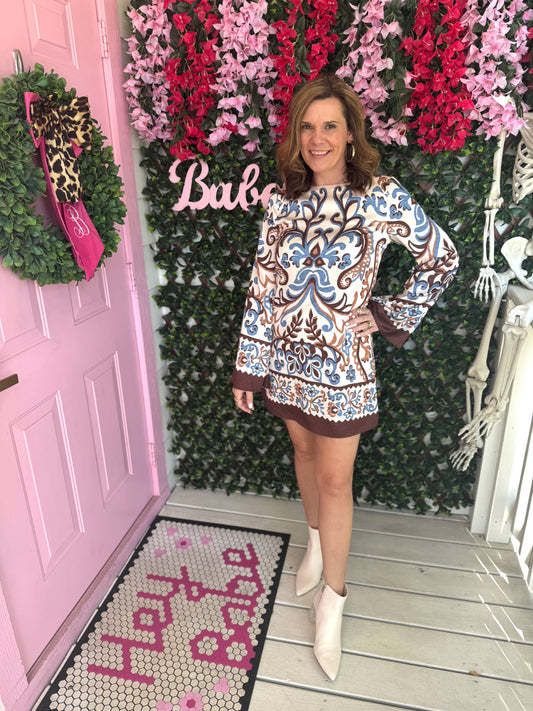 Paisley Bell Sleeve Satin Dress