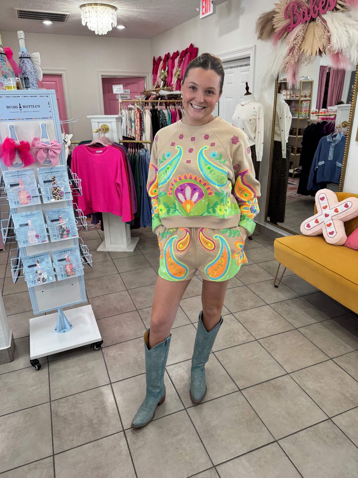 Queen Of Sparkles Beige & Neon Paisley Print Shorts