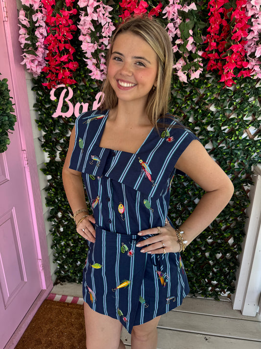 Queen Of Sparkles Navy Striped Fishing Lure Romper