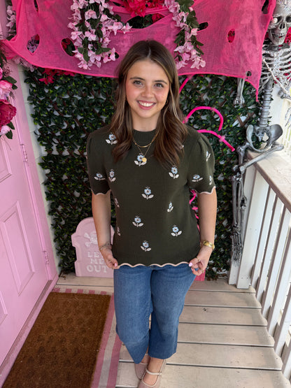 Olive Dainty Floral Sweater Top