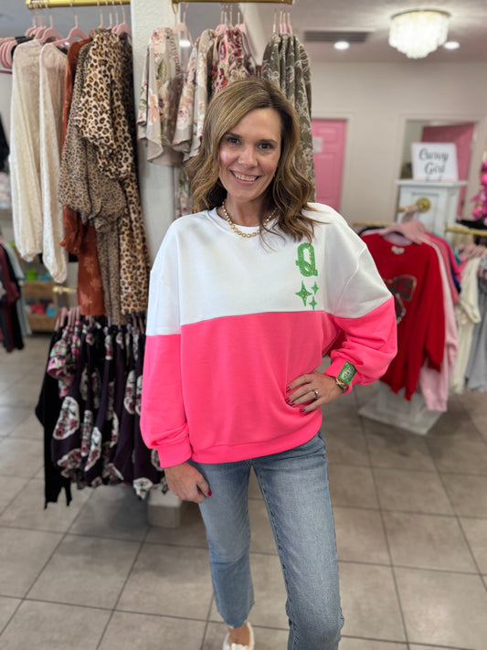 Queen Of Sparkles White & Neon Pink Colorblock Logo Sweatshirt