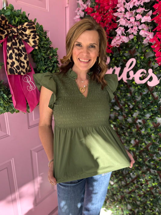 Smocked Flutter Sleeve Top-Olive