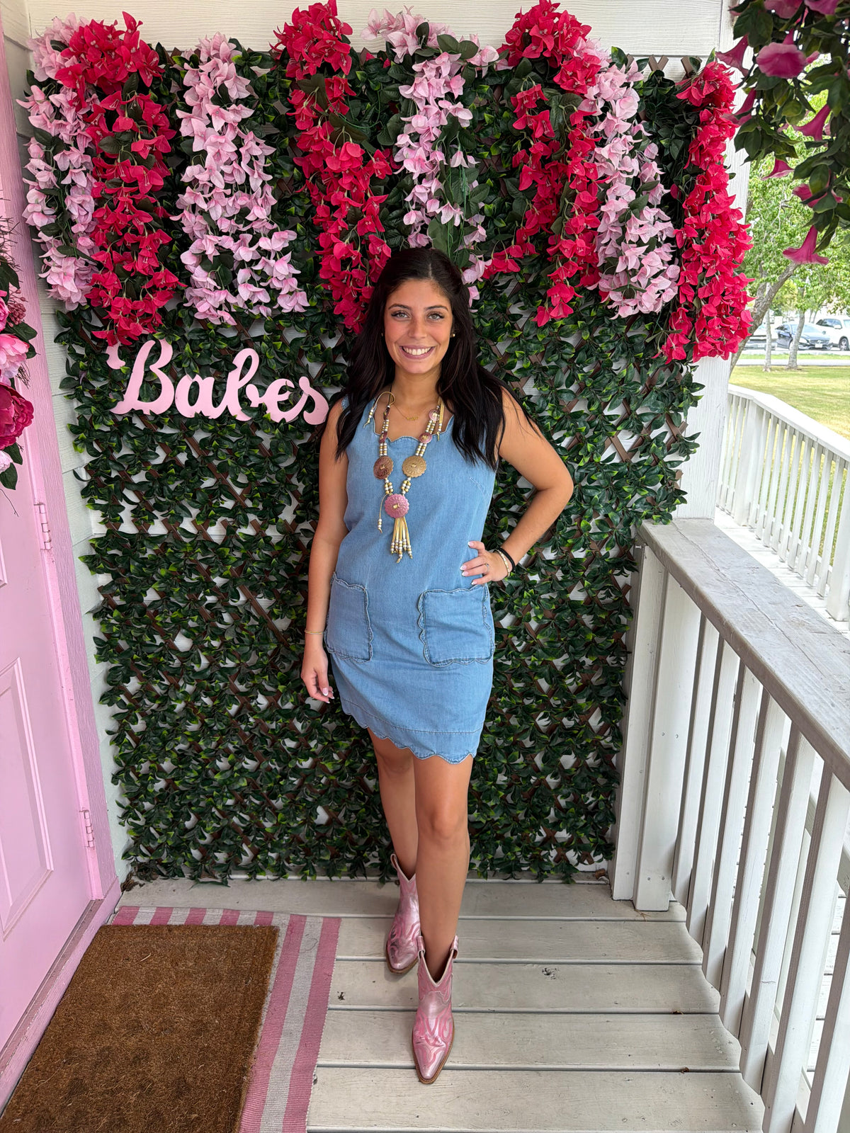 Scallop Details Denim Dress