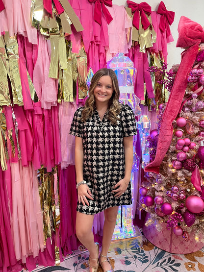 Black Houndstooth Velvet Dress