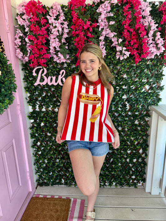 Queen Of Sparkles Red & White Striped Hot Dog Knit Tank