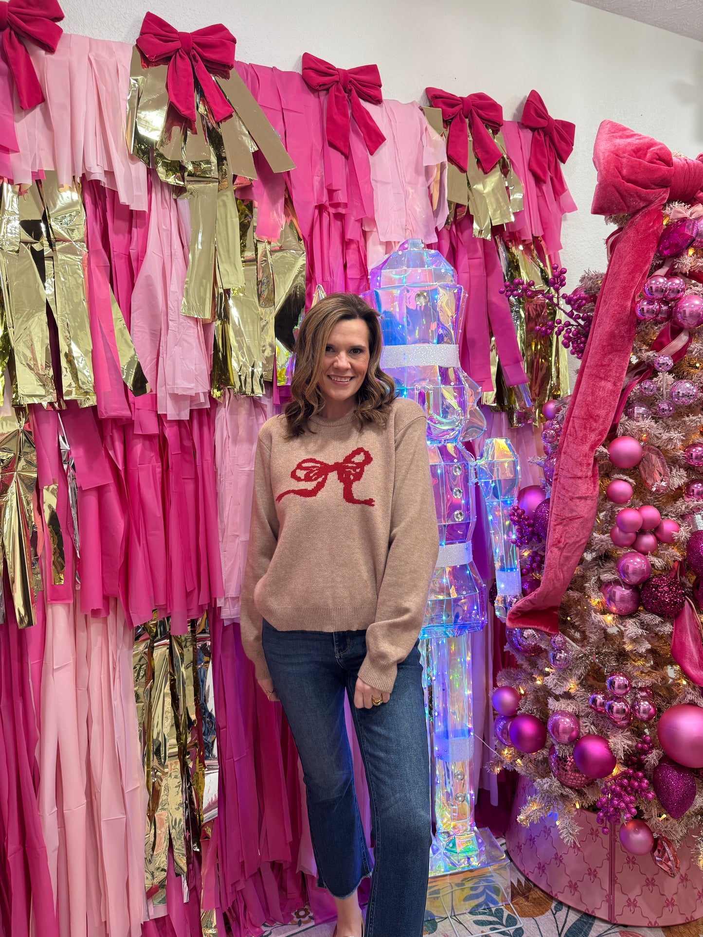 Oatmeal Red Bow Sweater