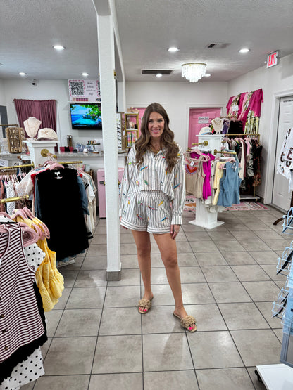 Queen Of Sparkles Striped Fishing Lure Button Up Top