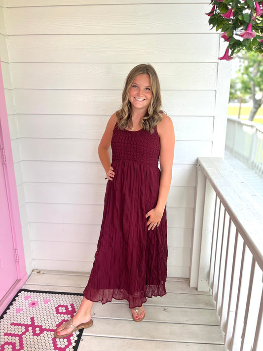 Burgundy Smocked Bodice Maxi Dress