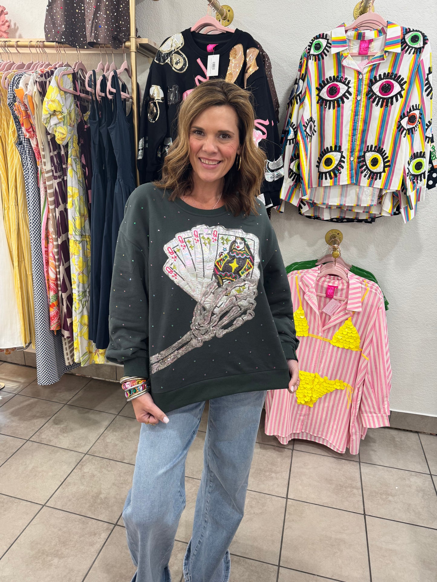 Queen of Sparkles Charcoal Skeleton Holding Queen Cards Rhinestone Sweatshirt