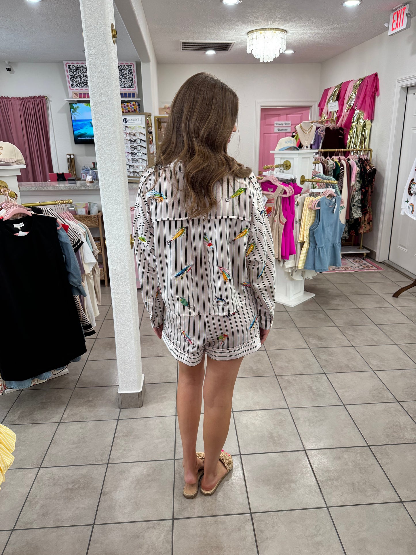 Queen Of Sparkles Striped Fishing Lure Button Up Top