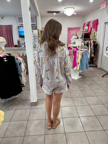 Queen Of Sparkles Striped Fishing Lure Button Up Top