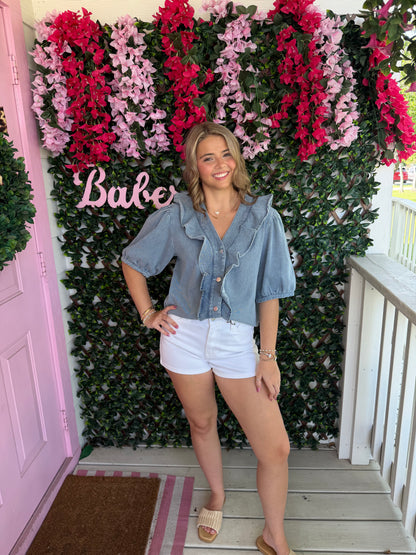 Washed Denim Ruffle Top