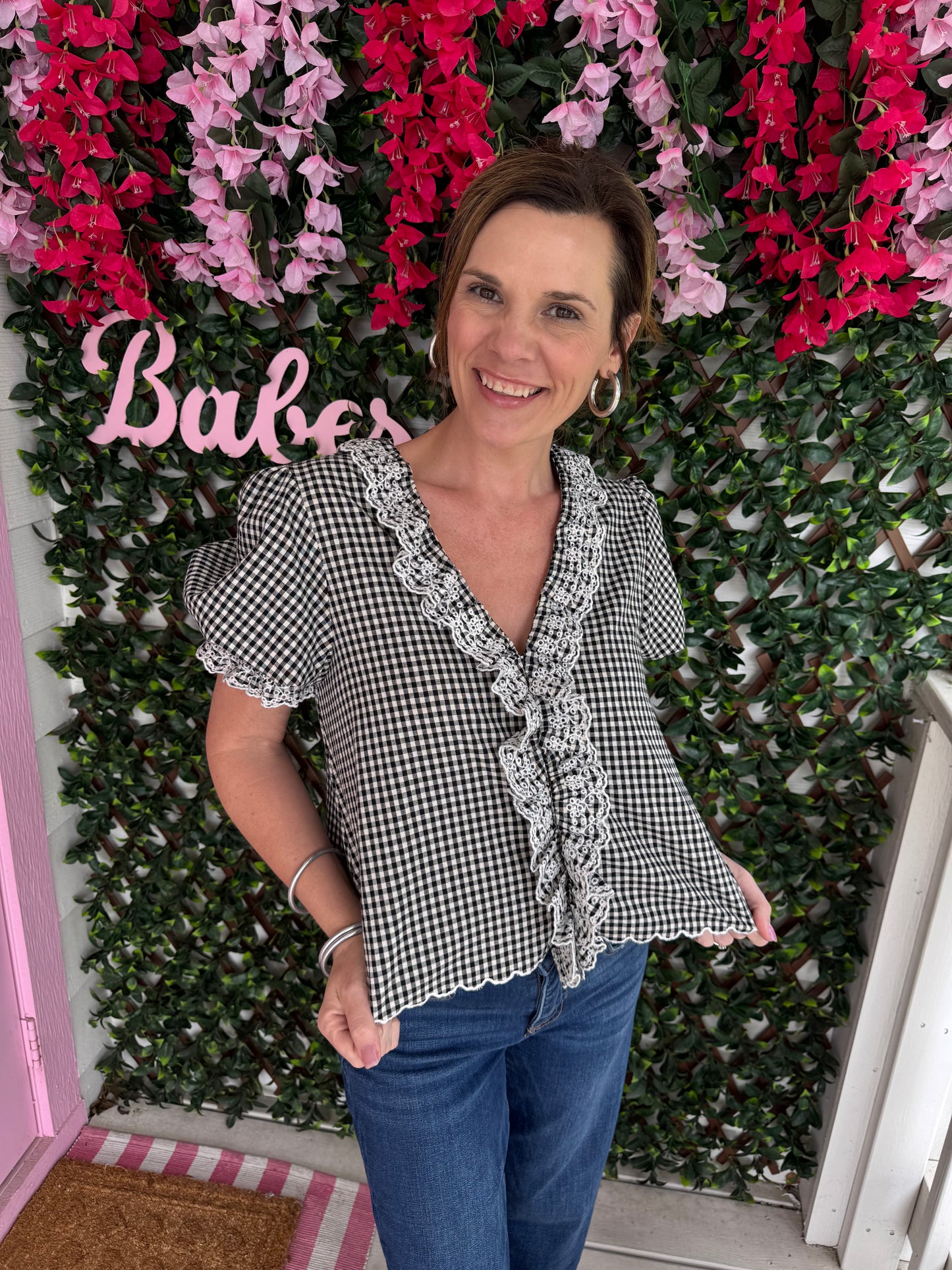 Gingham Lace Ruffle Blouse