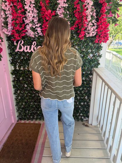 Olive Scalloped Thin Sweater Top