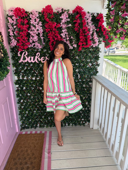 High Neck Striped Mini Dress