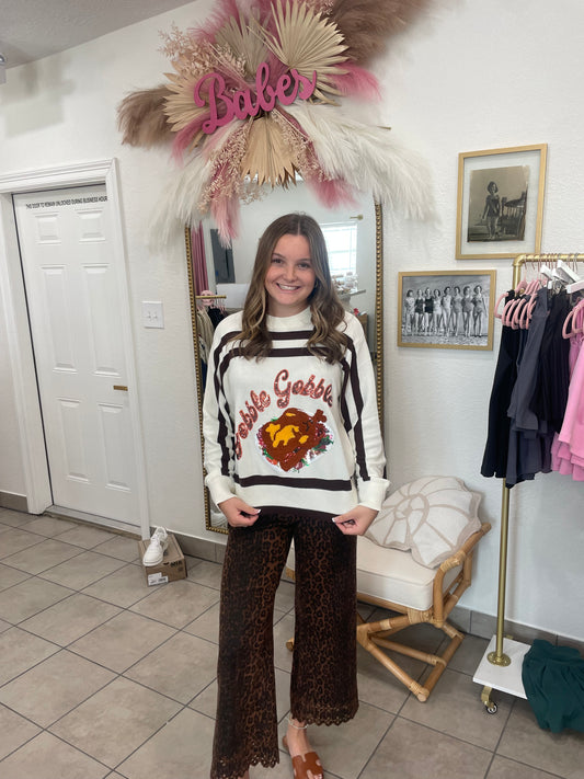 Queen Of Sparkles White & Brown Stripe Gobble Sweater