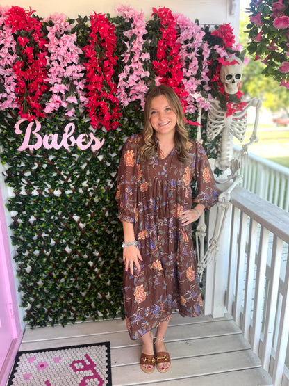 Brown Mix Floral Midi Dress