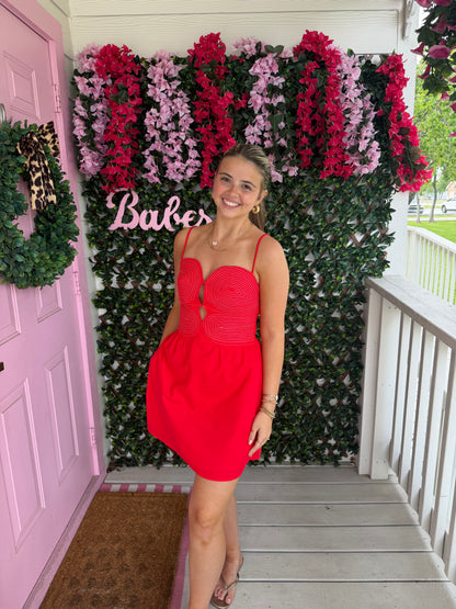 Top Stitch Red Mini Dress