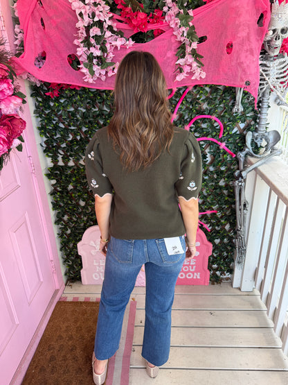 Olive Dainty Floral Sweater Top
