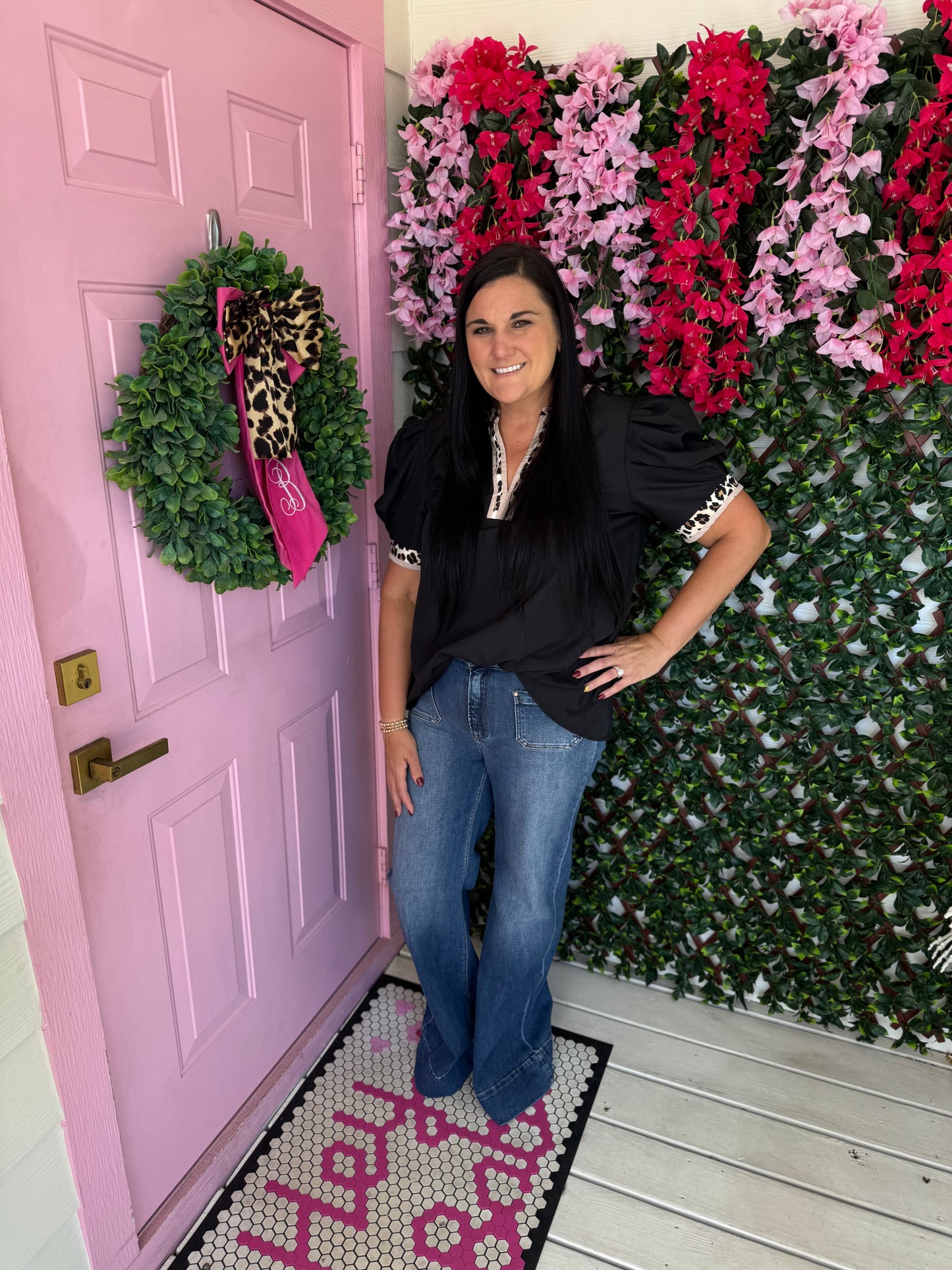 Black Leopard Trim Top- Plus