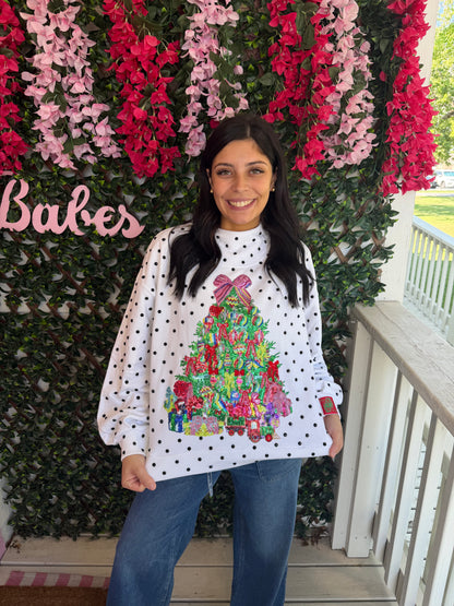 Queen Of Sparkles White & Black Polka Dot Multi Christmas Tree Mockneck Sweatshirt