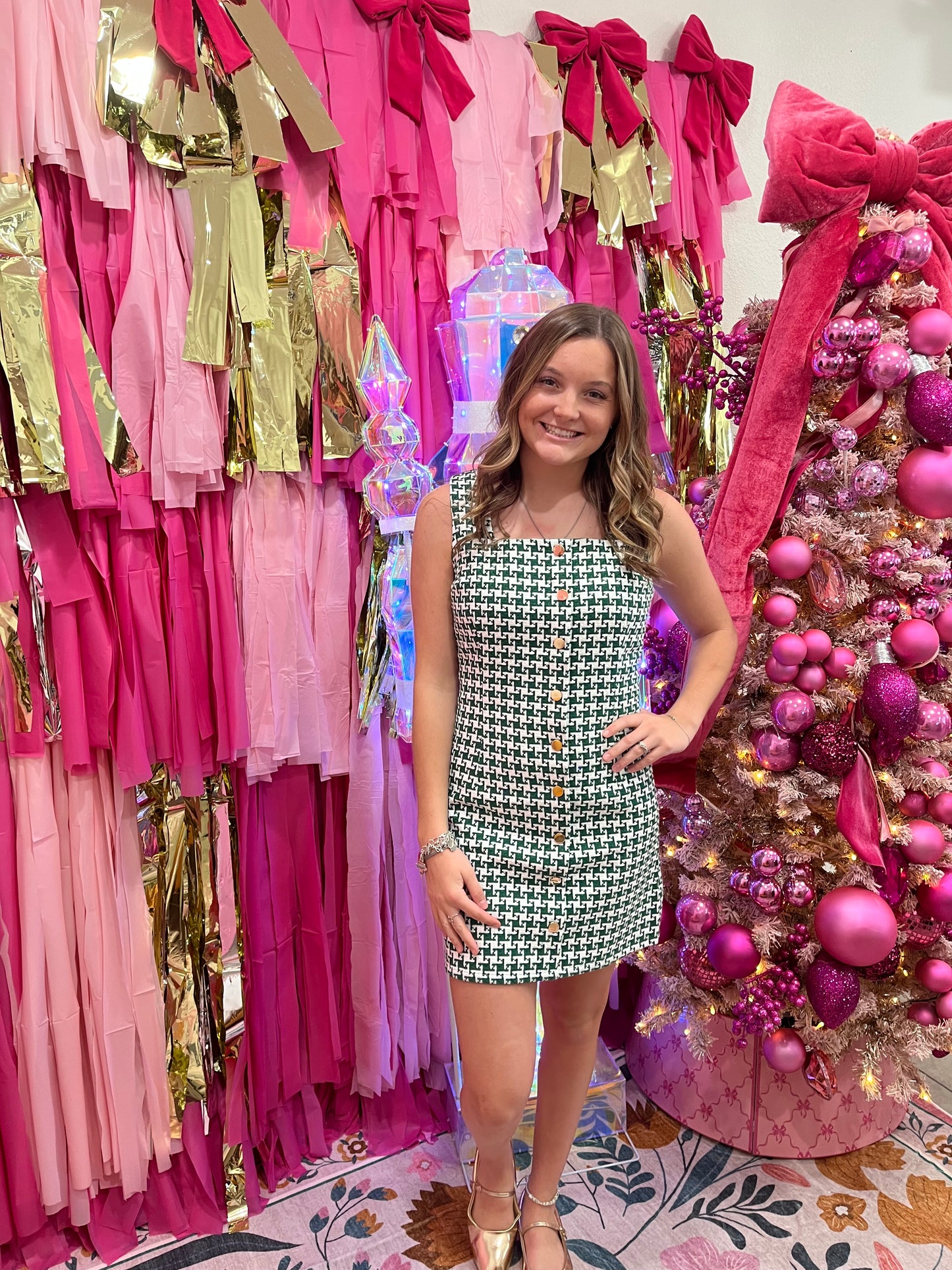 Green Houndstooth Button Dress