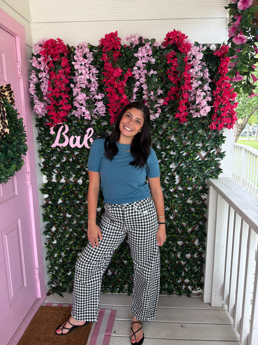 Black Gingham Barrel Jean