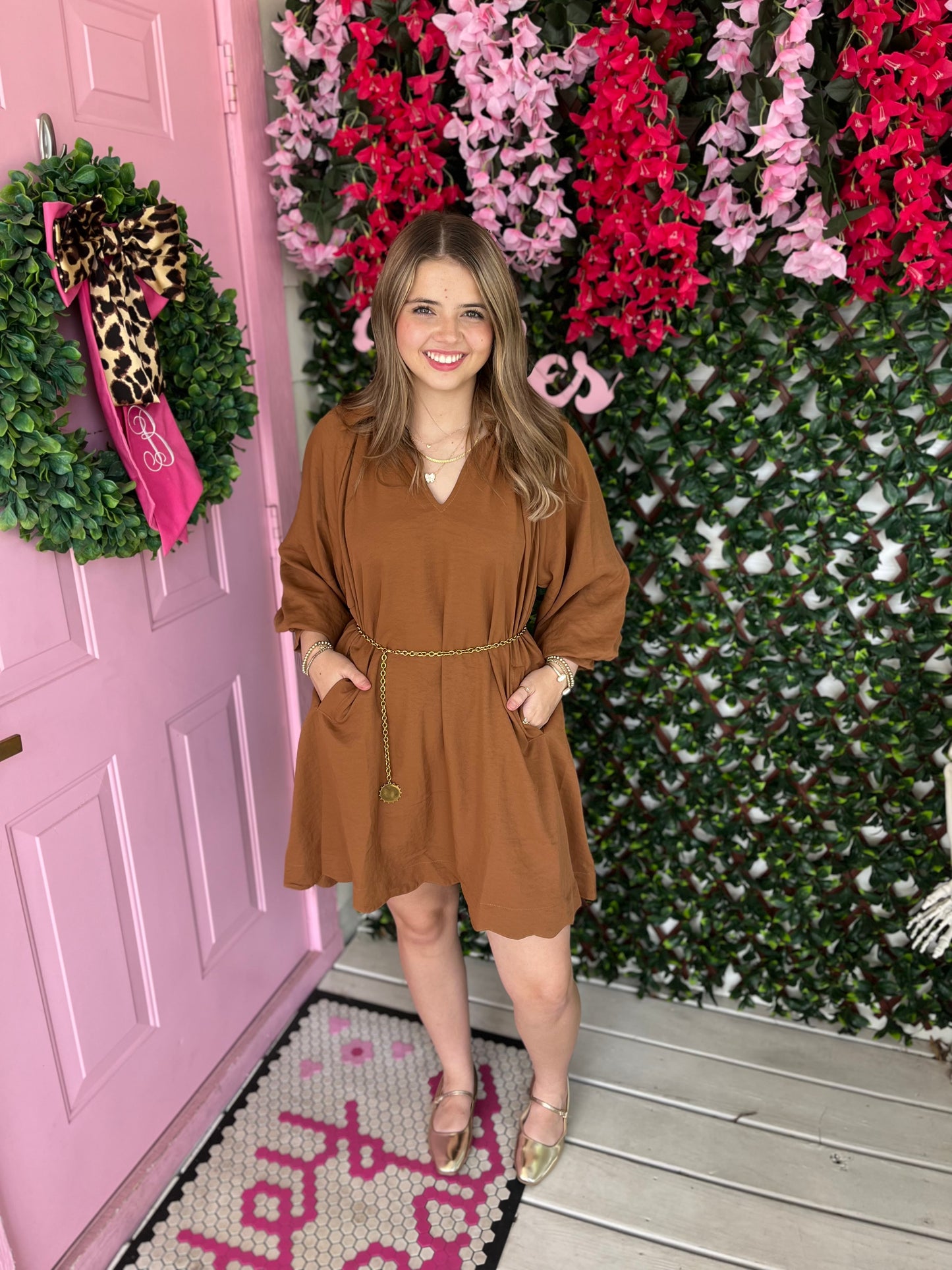 Cognac Scallop Trim Dress